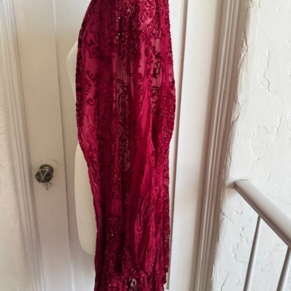 VINTAGE ROSE Stevie Nicks style Sheer Red Burnout Velvet Beaded KimonoCoat - Picture 9 of 9